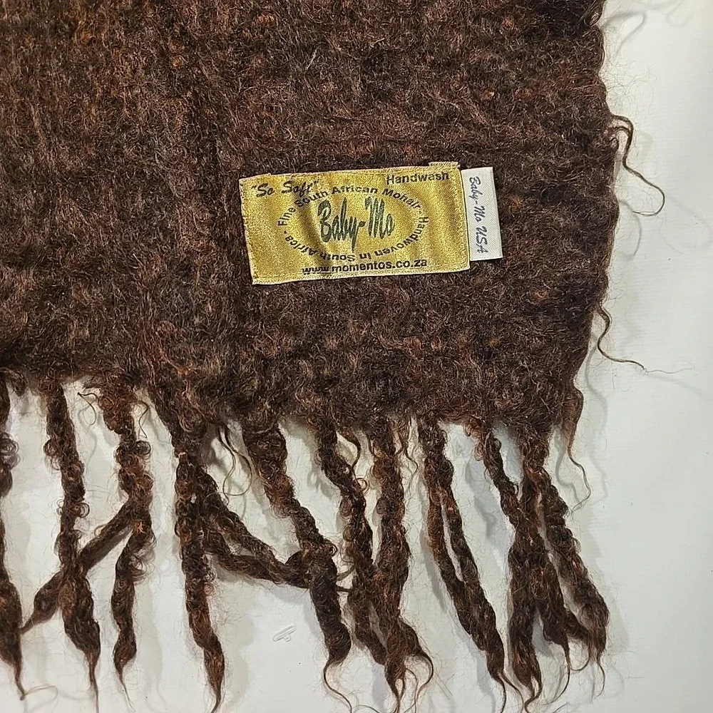Baby-Mo South African Mohair Fringe Throw Blanket Brown 39x70 Handwove Shawl USA